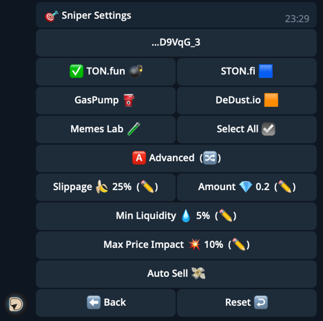 Sniper Settings Advanced